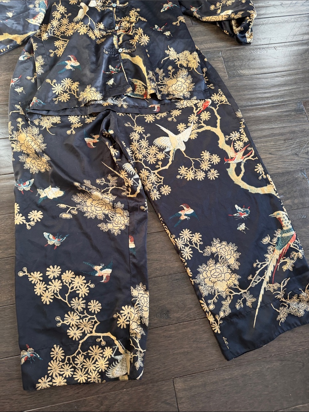 Natori Black Pajama Pants with Gold Floral & Bird Print - Picture 4 of 6